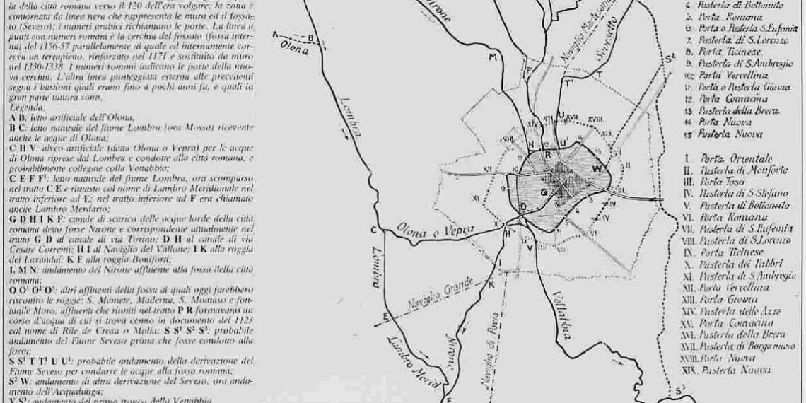 I fiumi di Milano in un grafico del 1911. Il "Lambra" è l'Olona
