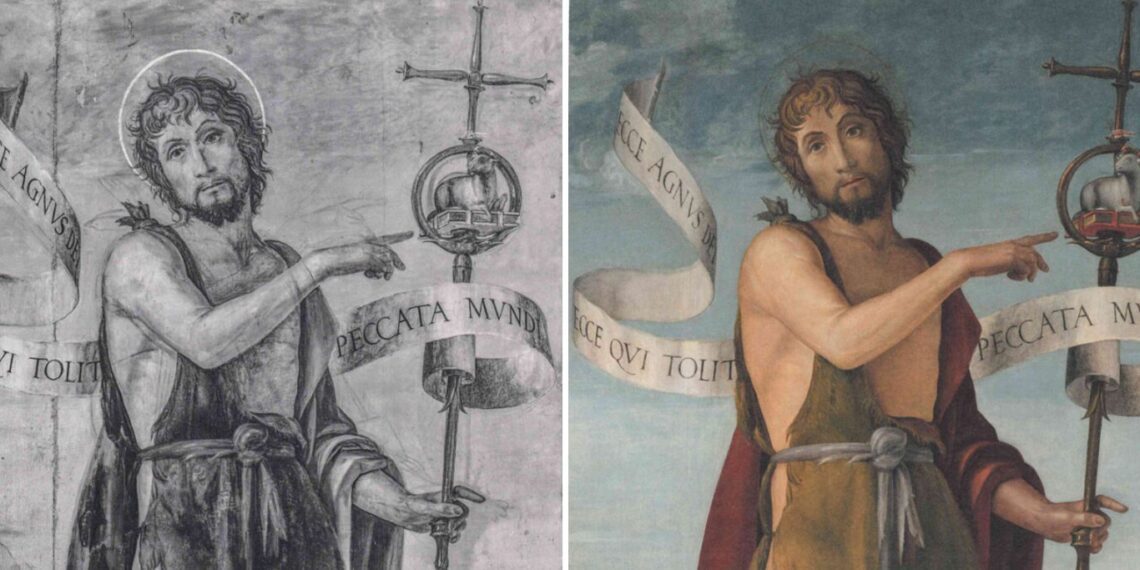 A sinistra, riflettografia infrarossa del San Giovanni dello Zenale. A destra,particolare del busto superiore. Il dipinto del Santo indica un altro dipinto, raffigurante l'Agnus Dei