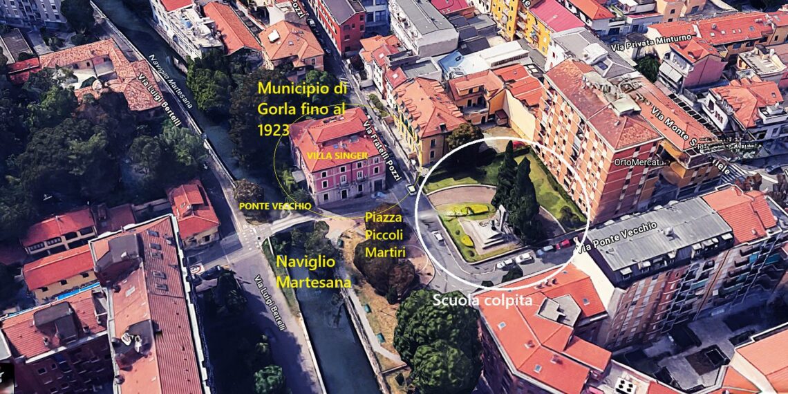 La mappa della piazza principale di Gorla, con la sede dell'antico comune sopravvissuto alla sua scuola accanto